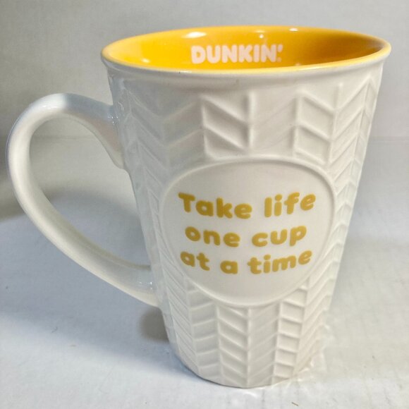 Dunkin' Donuts Ceramic Coffee Cup Take Life One Cup At a Time Yellow White - Picture 3 of 10